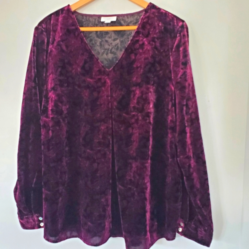 J JILL Purple Paisley Velour LS Pullover Top L Whimsigoth Dark Romance Soft EUC